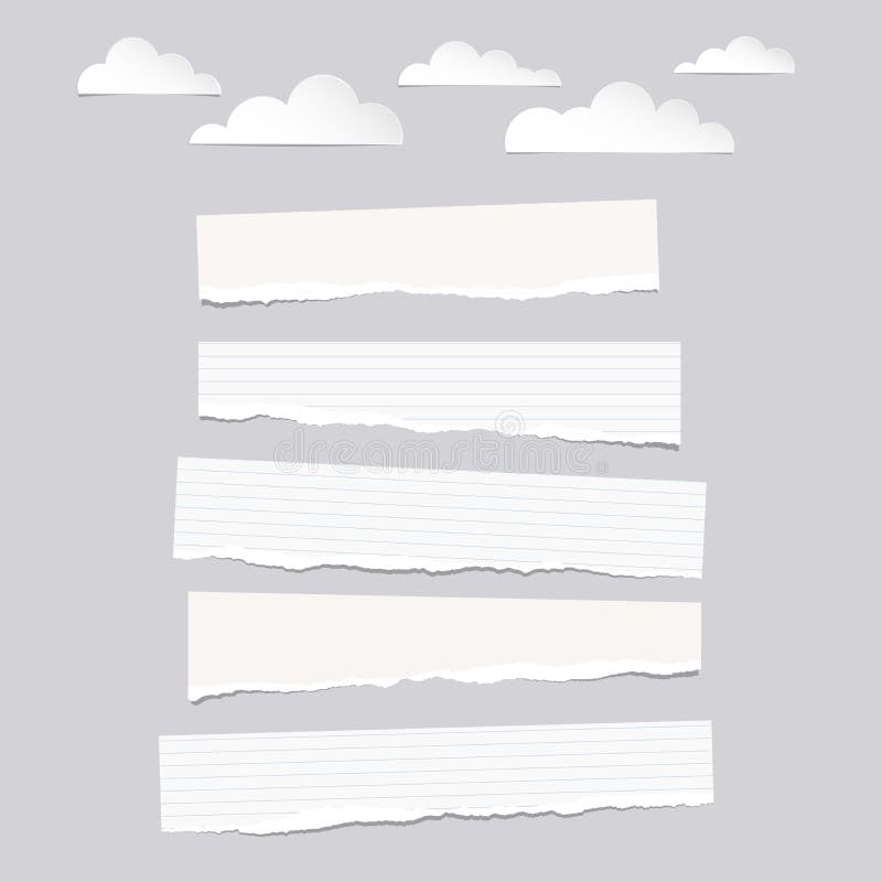Pedazos de la nota en blanco y alineada blanca rasgada, tiras de papel del cuaderno con las nubes en fondo gris libre illustration Pedazos de la nota en blanco y alineada blanca rasgada, tiras de papel del cuaderno con las nubes en fondo gris libre illustration