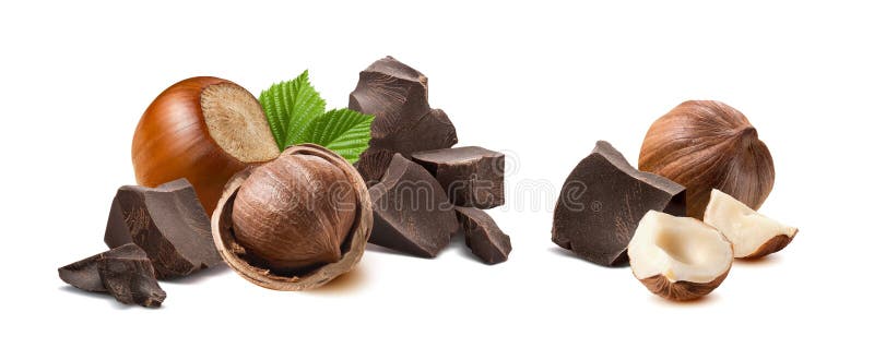 Pedazos rotos chocolate de la avellana aislados fotos de archivo