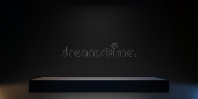 Pedestal of Platform display with black stand podium on dark room background. Blank Exhibition or empty product shelf. 3D vector illustration