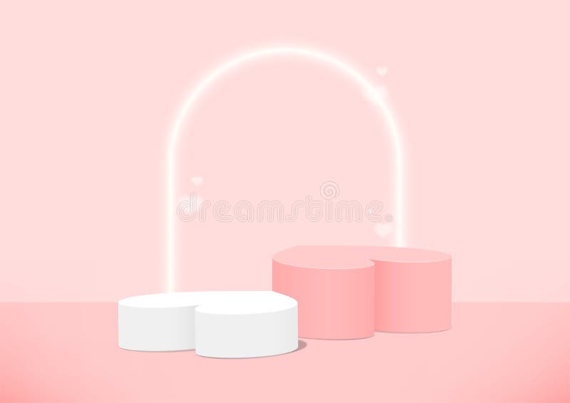 Pedestal podium heart shape with neon lighting arch for product display on Peach pink background. Valentine`s day background.