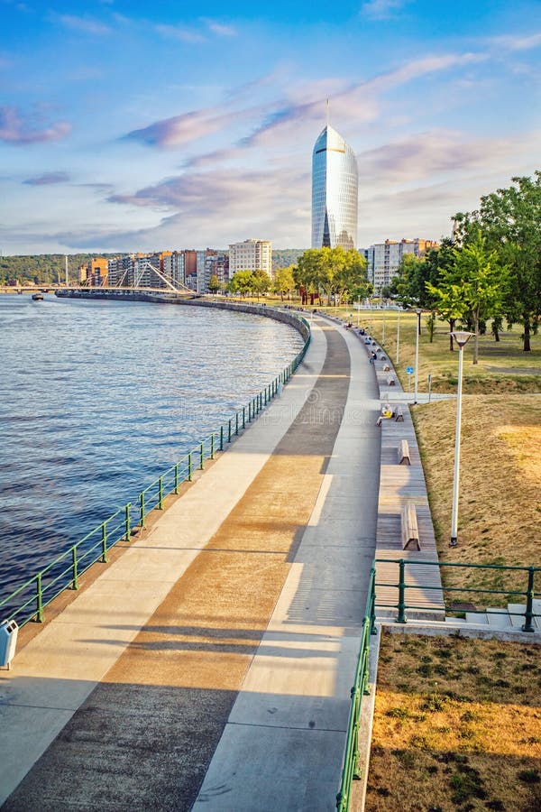 Pedestrian path along Meuse river in Liege stock photo Pedestrian path along Meuse river in Liege stock photo