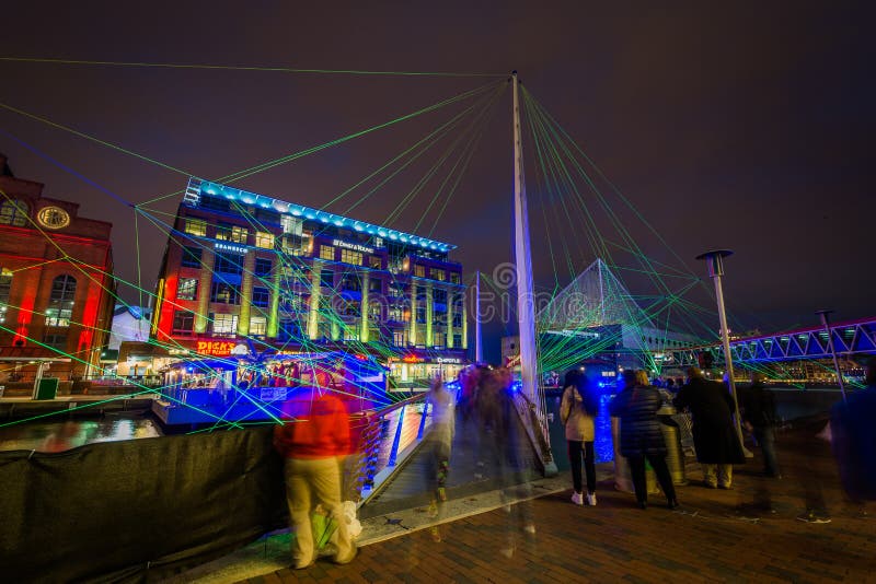 Pedestrian Traffic and Light Display at the Inner Harbor in Baltimore