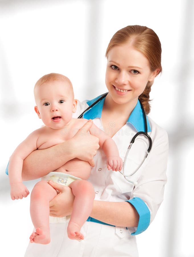 Pediatrician woman doctor holding patient baby