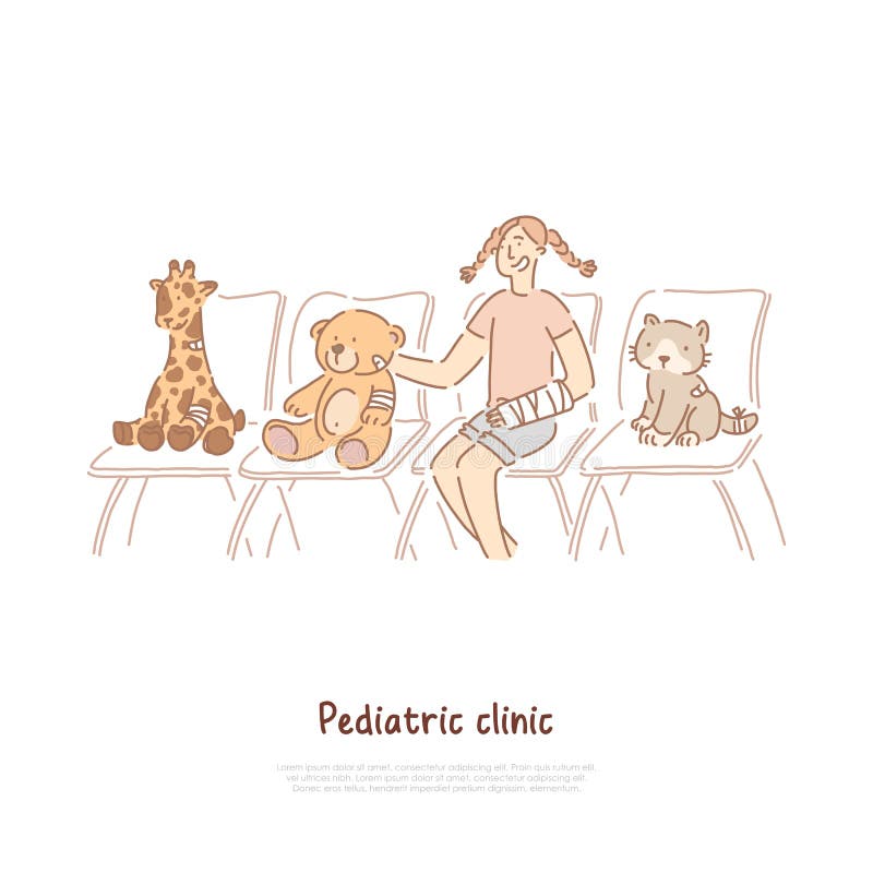 Pediatrische kliniek, traumatology, kind het speelspel van de artsenrol, meisje bij het ziekenhuisrij, zachte dierlijke speelgoed stock illustratie Pediatrische kliniek, traumatology, kind het speelspel van de artsenrol, meisje bij het ziekenhuisrij, zachte dierlijke speelgoed stock illustratie