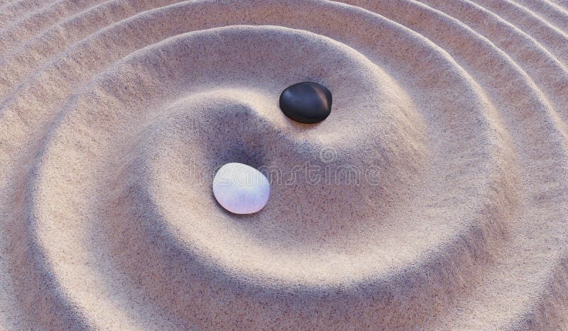 Black and white stones in sand. Yin-Yang symbol. 3D rendered illustration. Black and white stones in sand. Yin-Yang symbol. 3D rendered illustration