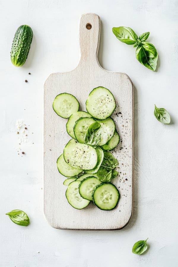 Pedras de pepino empilhadas em prato de madeira com folhas de manjericão e pimenta. Legumes frescos em fundo branco. Alimentos foto de stock