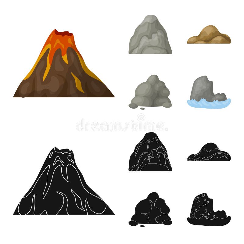 Pedregulhos, uma montanha arredondada, rochas no mar As montanhas diferentes ajustaram ícones da coleção nos desenhos animados, v ilustração do vetor Pedregulhos, uma montanha arredondada, rochas no mar As montanhas diferentes ajustaram ícones da coleção nos desenhos animados, v ilustração do vetor