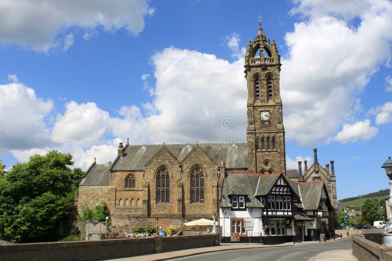 Peebles Old Parish Church from River Tweed bridge