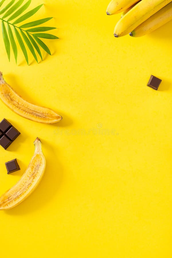 Peeled Banana, a Bunch and Pieces of Chocolate on Yellow Background with  Copy Space. Top View, Flat Lay, Product Place. Serotonin Stock Photo -  Image of health, concept: 231010054