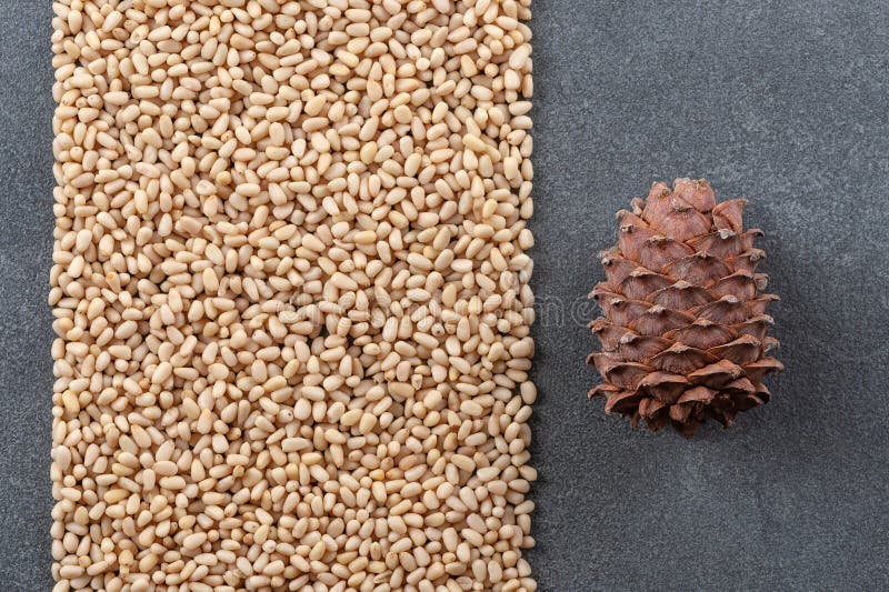 Peeled pine nuts and pine cones on a gray stone background royalty free stock photography