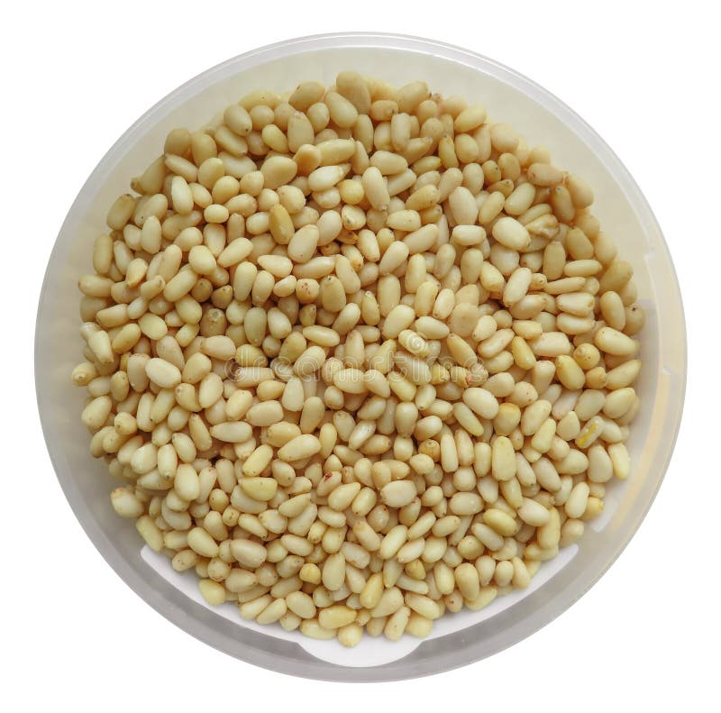 Peeled pine nuts in the plastic container stock image