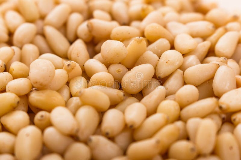 Peeled pine nuts on a rustic background royalty free stock image