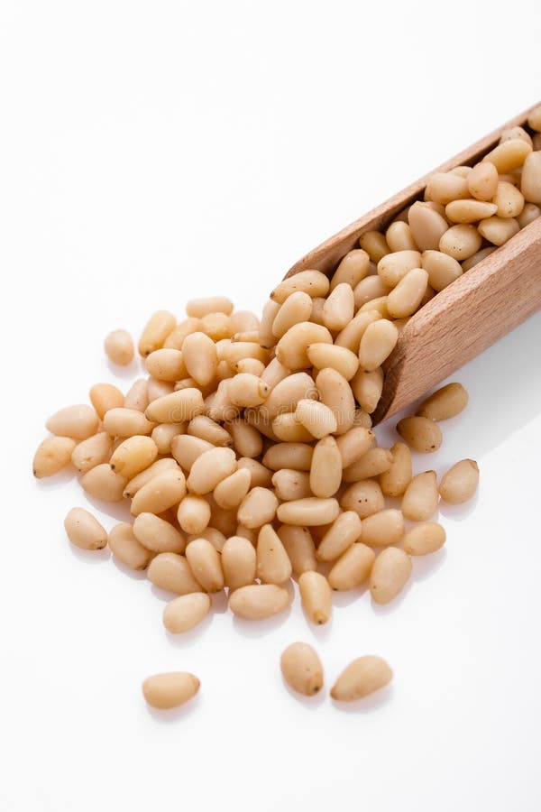 Peeled pine nuts on a white acrylic background stock photo