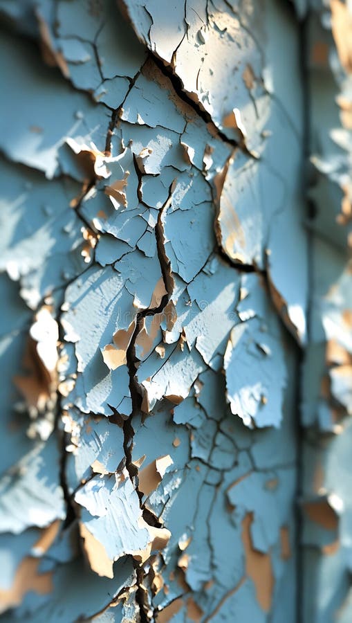 Peeling blue paint on a wooden surface reveals multiple layers beneath, creating a textured, cracked pattern. stock photography