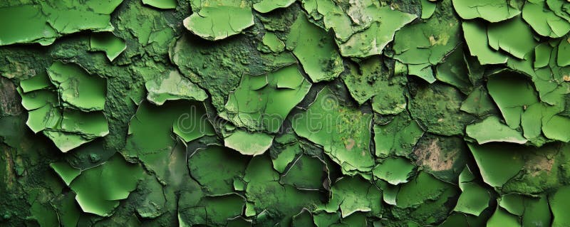 Peeling green paint texture revealing layers of aged surface, showcasing intricate patterns and color variations, copy space for text. AI generated