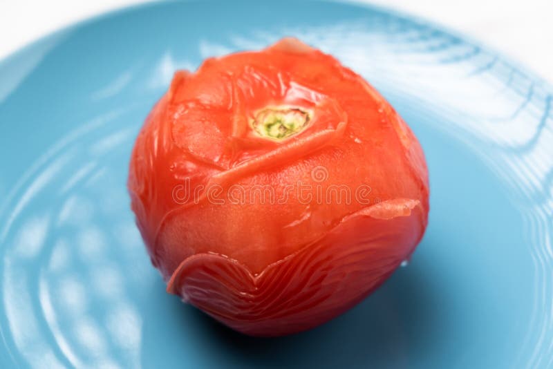 Peeling Tomatoes in Boiling Water. Tomato after Being in Hot Water