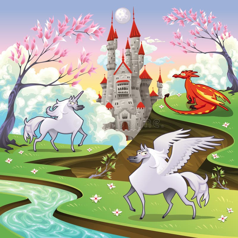 Pegasus, Einhorn Und Drache In Einem Mythologischen Land Vektor