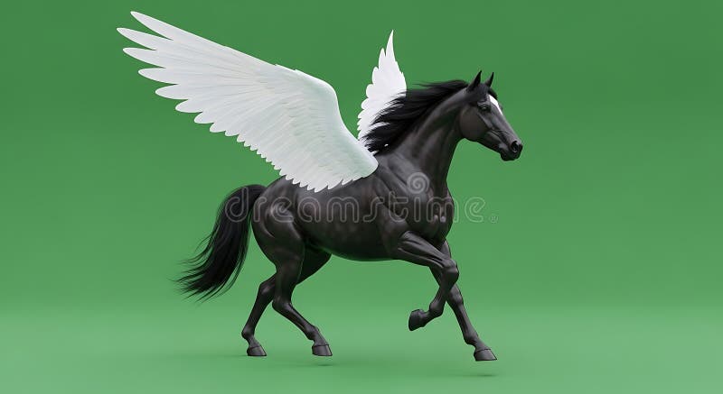 Pegasus Majestic Negru Cu Aripi Mari Albe Care Aleargă Pe Fundal Verde. royalty free illustration