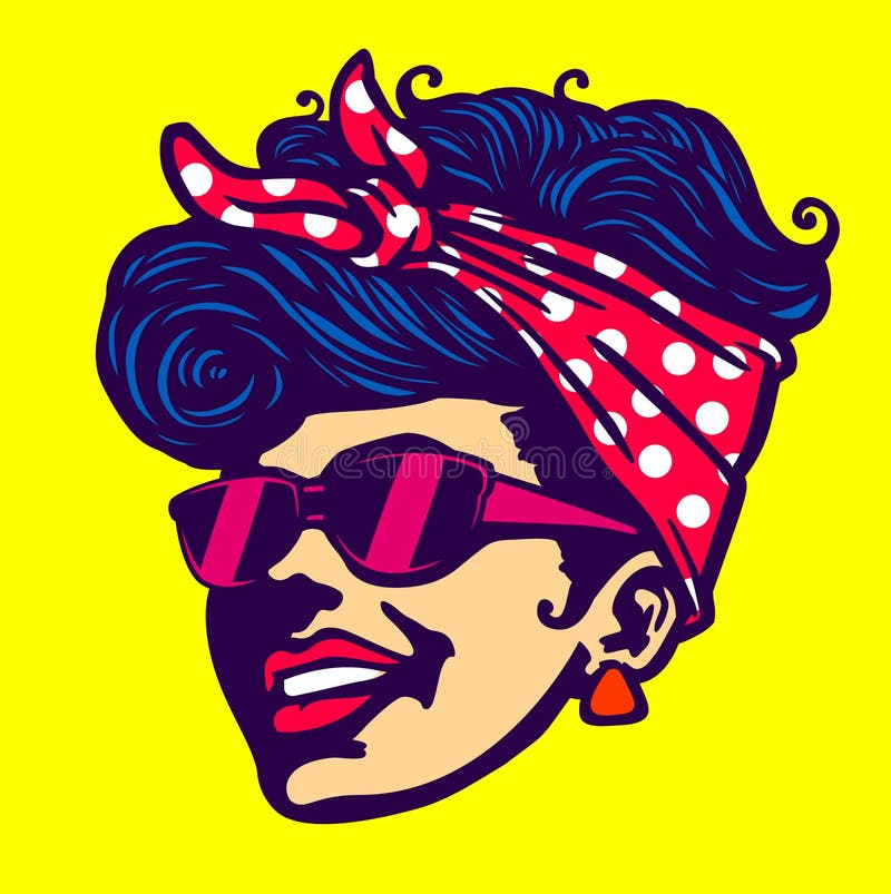 Peinado fresco retro del Rockabilly de las gafas de sol de la cara de la muchacha stock de ilustración Peinado fresco retro del Rockabilly de las gafas de sol de la cara de la muchacha stock de ilustración