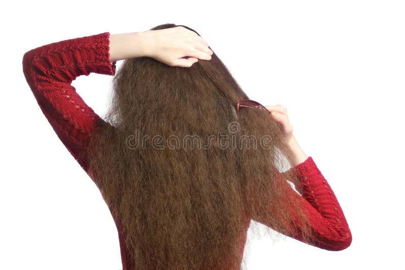 Combing hair. Woman back with comb combing her brown unruly hair. Combing hair. Woman back with comb combing her brown unruly hair.