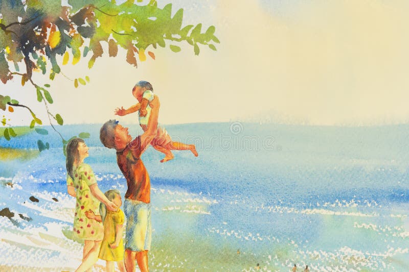 Peinture coloré de la plage et de la famille à l'arrière-plan de nuage d'émotion illustration de vecteur Peinture coloré de la plage et de la famille à l'arrière-plan de nuage d'émotion illustration de vecteur
