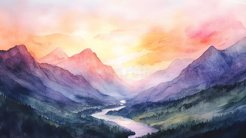 Peinture couleur eau d'Une chaîne de montagnes majestueuse avec lever de soleil illustration stock
