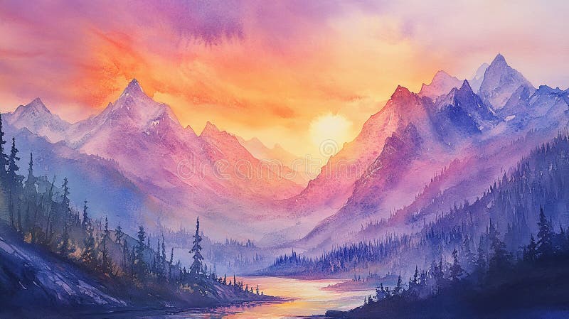 Peinture couleur eau d'Une chaîne de montagnes majestueuse avec lever de soleil illustration de vecteur