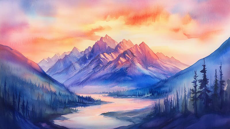 Peinture couleur eau d'Une chaîne de montagnes majestueuse avec lever de soleil illustration libre de droits