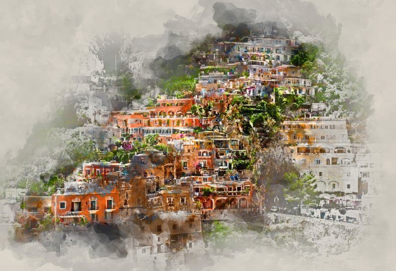 Peinture d'aquarelle de Digital de Positano l'Italie illustration stock Peinture d'aquarelle de Digital de Positano l'Italie illustration stock