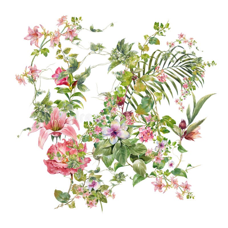 Peinture d'aquarelle des feuilles et de la fleur, sur le blanc photographie stock Peinture d'aquarelle des feuilles et de la fleur, sur le blanc photographie stock