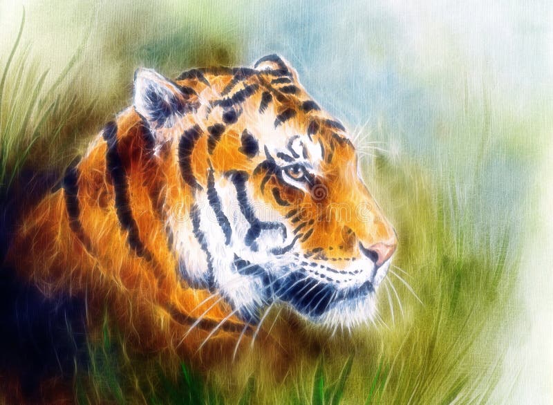 Peinture d'une tête puissante lumineuse de tigre sur un résumé modifié la tonalité mou illustration stock Peinture d'une tête puissante lumineuse de tigre sur un résumé modifié la tonalité mou illustration stock