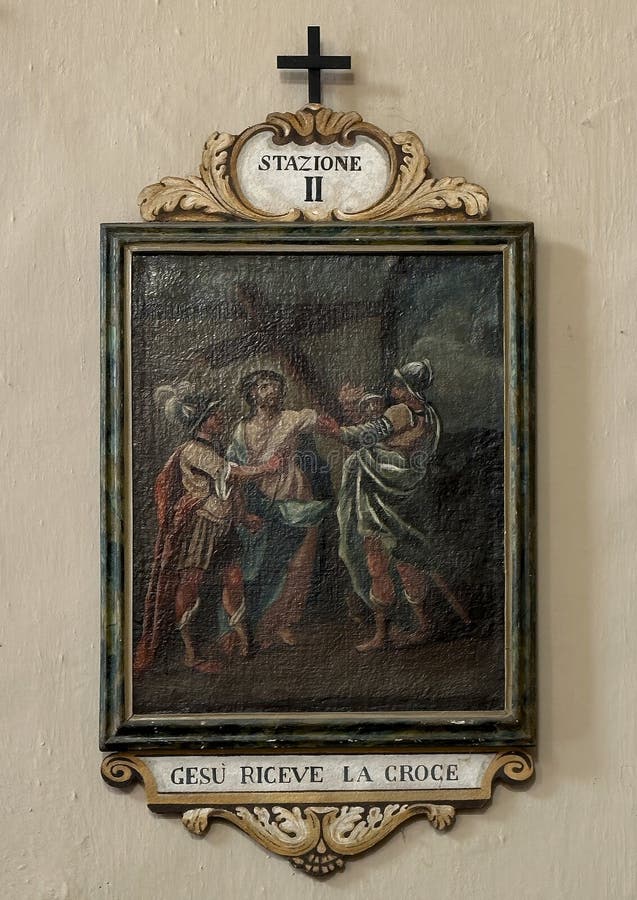 Pictured is a painting of the 2nd Station of the Cross in the Church of St. Mary of Graces, representing Jesus taking up his cross. The church is on the central square of Varenna on Lake Como in the province of Lecco in the Italian region of Lombardy. The little church was originally dedicated to St. Mary Magdalene and St. Anthony of Padua when it was inaugurated on September 8th, 1685. In 1896, the oratory of Villa Monastero was moved there and the the church was restored and took the title Church of Saint Mary of Graces. Pictured is a painting of the 2nd Station of the Cross in the Church of St. Mary of Graces, representing Jesus taking up his cross. The church is on the central square of Varenna on Lake Como in the province of Lecco in the Italian region of Lombardy. The little church was originally dedicated to St. Mary Magdalene and St. Anthony of Padua when it was inaugurated on September 8th, 1685. In 1896, the oratory of Villa Monastero was moved there and the the church was restored and took the title Church of Saint Mary of Graces.