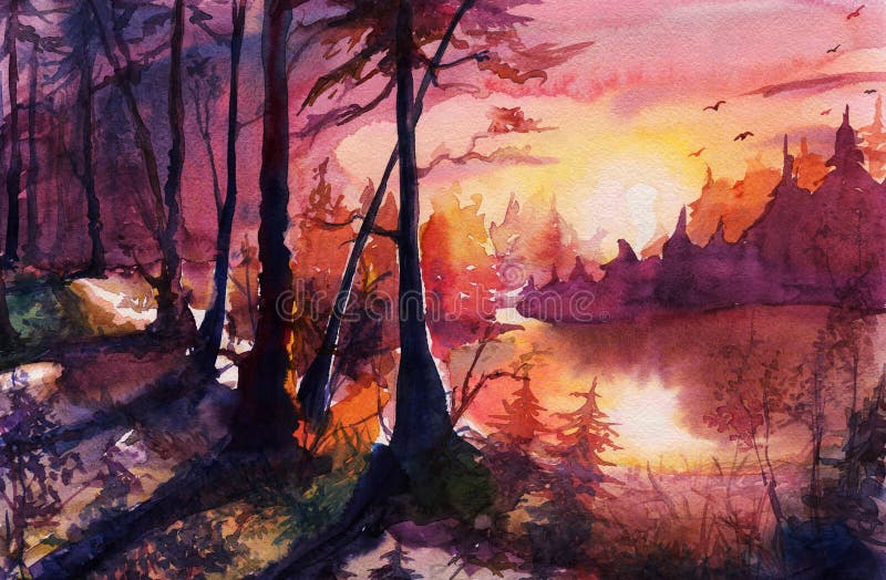 Peinture de paysage de forêt d'aquarelle, bel art de dessin abstrait avec le coucher du soleil, lever de soleil, automne, art tir