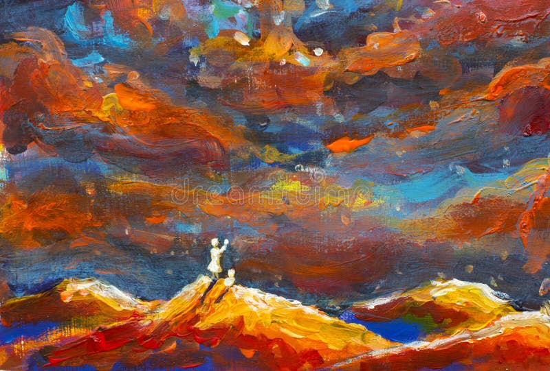 Peinture fantastique d'illustration La fille et le chat sur un dessus orange de montagne regardent le ciel étoilé, univers Illust illustration de vecteur Peinture fantastique d'illustration La fille et le chat sur un dessus orange de montagne regardent le ciel étoilé, univers Illust illustration de vecteur
