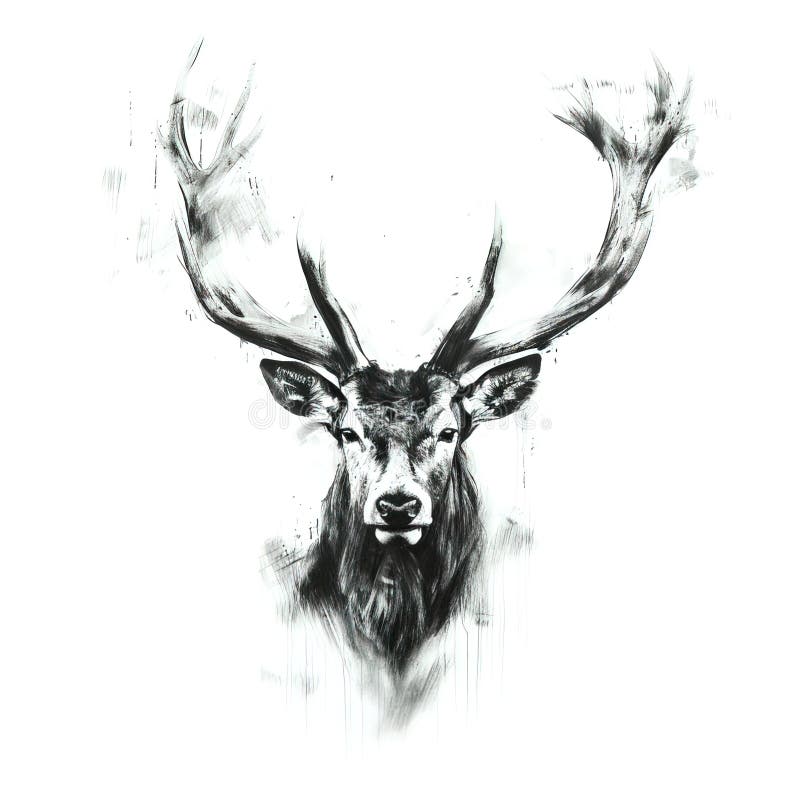 Peinture minimaliste noir et blanc à l'encre d'une majestueuse tête de cerf avec de grands bois. illustration de vecteur