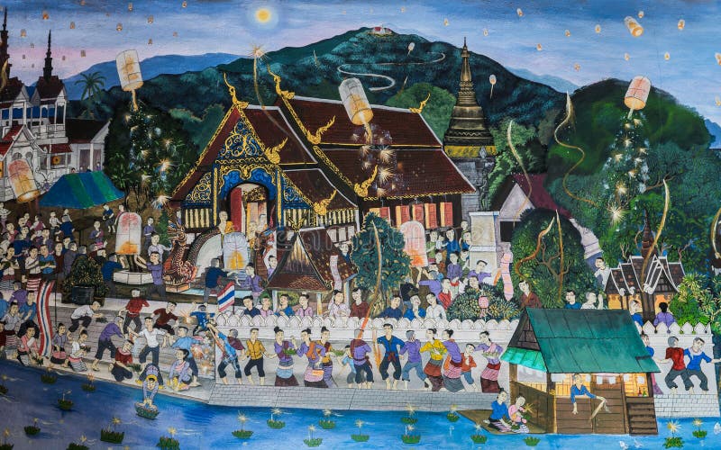 Peinture murale de style thaïlandais antique de Lanna de Loy Kratong Festival photographie stock libre de droits Peinture murale de style thaïlandais antique de Lanna de Loy Kratong Festival photographie stock libre de droits