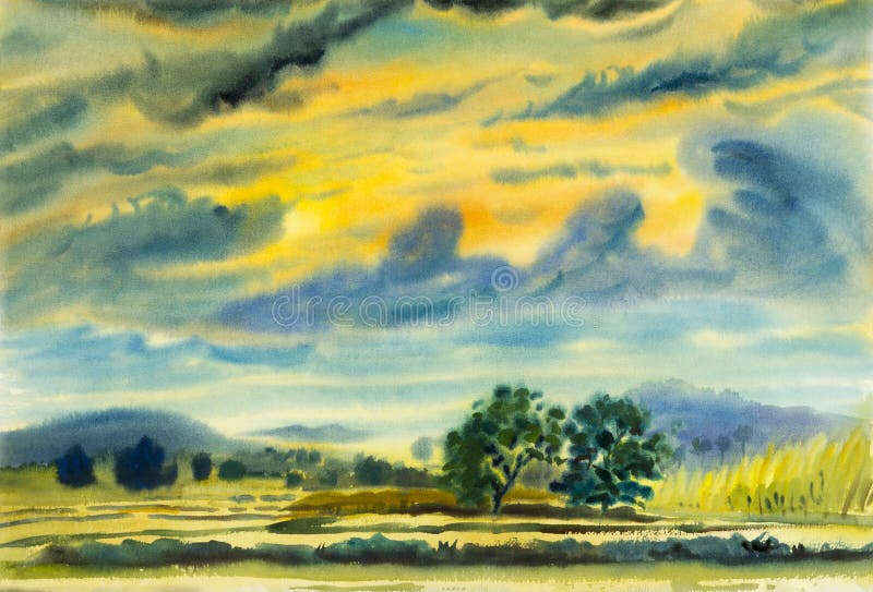 Peinture originale de paysage d'aquarelle colorée de la montagne photo libre de droits Peinture originale de paysage d'aquarelle colorée de la montagne photo libre de droits
