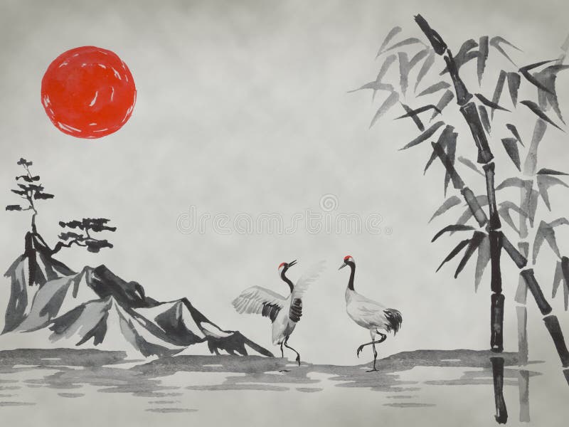Peinture traditionnelle de sumi-e du Japon Montagne de Fuji, Sakura, coucher du soleil Le soleil du Japon Illustration d'encre de
