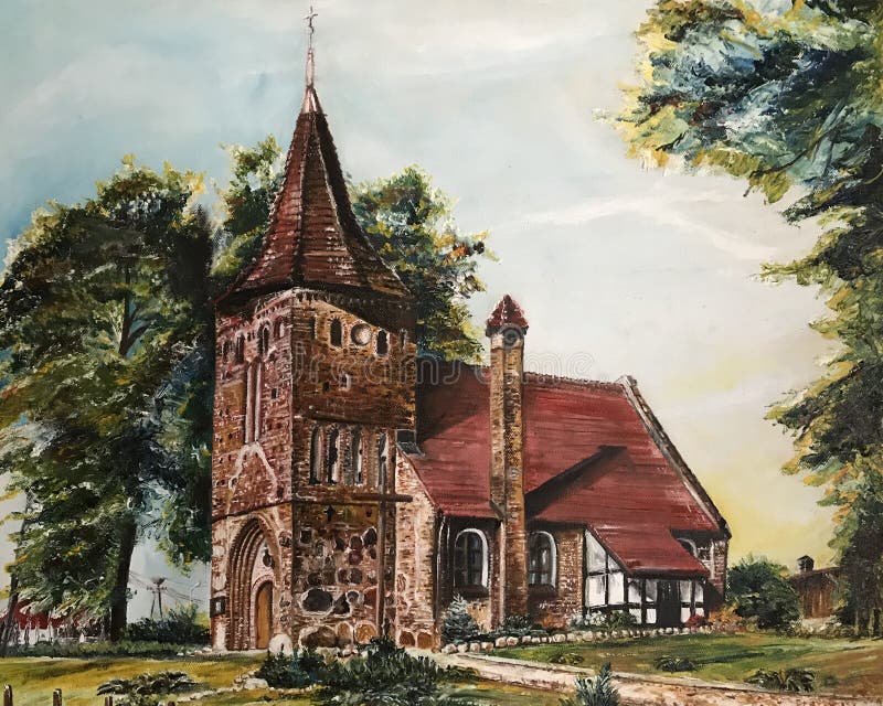 Peinture à l'huile d'une petite église en Pologne illustration stock