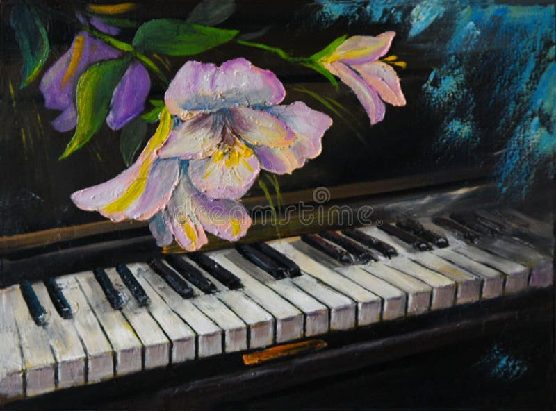Peinture à l'huile - piano et fleurs, vintage, illustration illustration de vecteur Peinture à l'huile - piano et fleurs, vintage, illustration illustration de vecteur