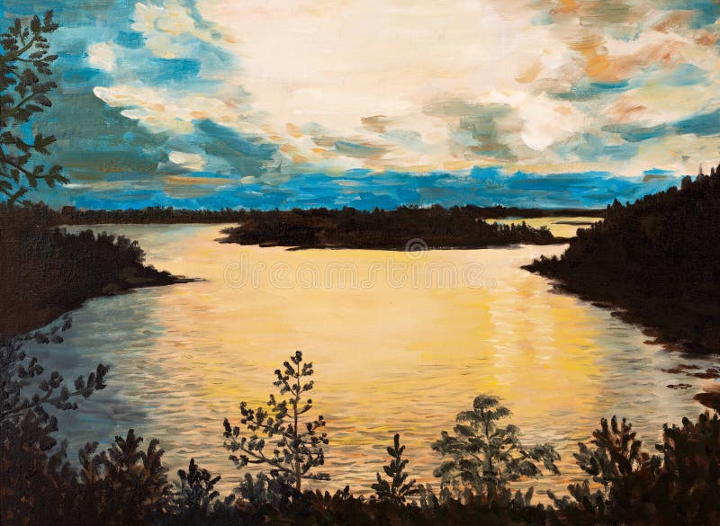 Peinture à l'huile sur la toile - coucher du soleil sur le lac, dessin abstrait