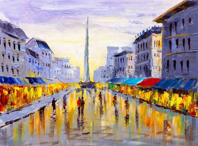 Peinture à l'huile - vue de ville de l'Europe illustration de vecteur Peinture à l'huile - vue de ville de l'Europe illustration de vecteur