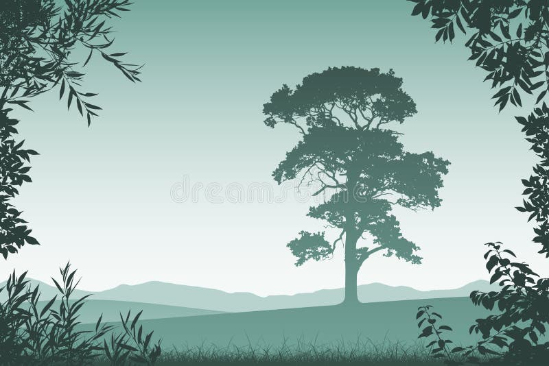 Peisaj cu arbore singuratic vector illustration