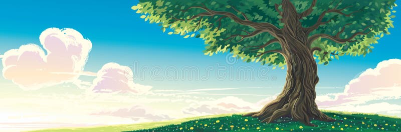 Peisaj estival cu arbore singuratic vechi stock illustration