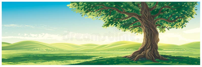 Peisaj estival cu arbore singuratic vechi vector illustration