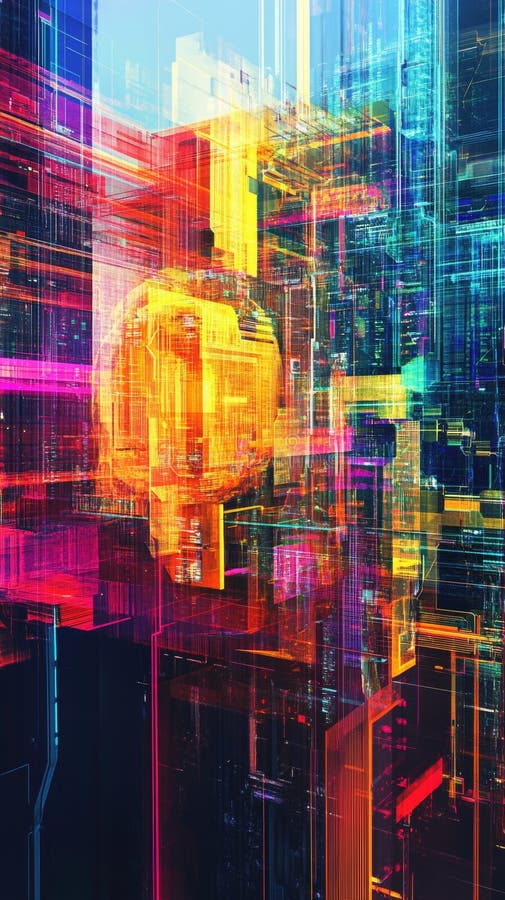 Peisaj informatic abstract futurist cu lumini strălucitoare neon și modele digitale colorate stock illustration