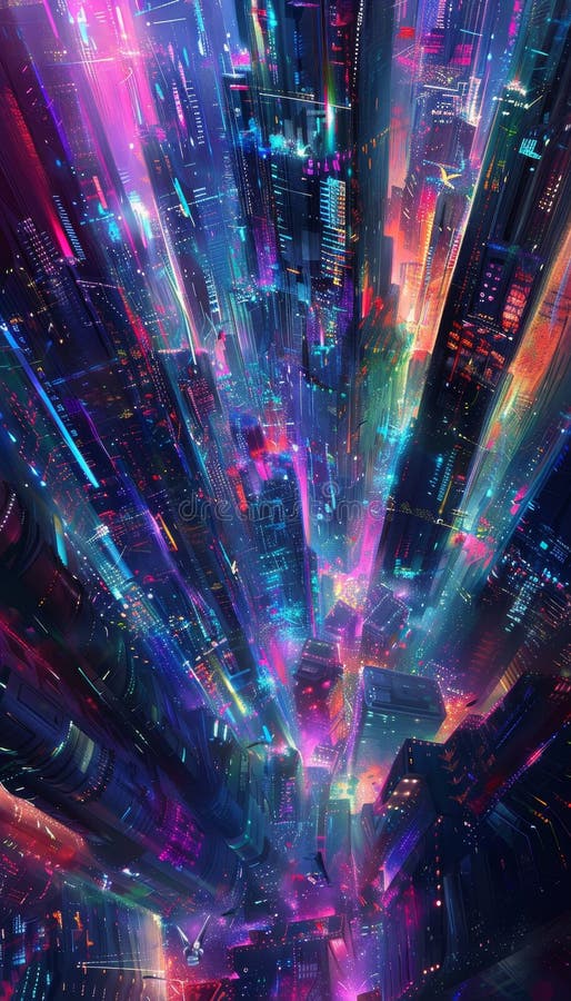 Peisaj minat suprarealist peste un oraș futurist cu culori neon și elemente SF abstracte royalty free illustration