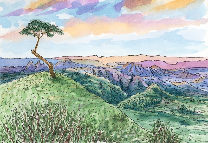Peisaj montan cu arbore singuratic pe vârf royalty free illustration