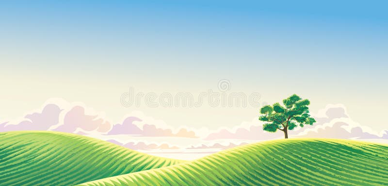 Peisaj rural de zori cu arbore singuratic royalty free illustration