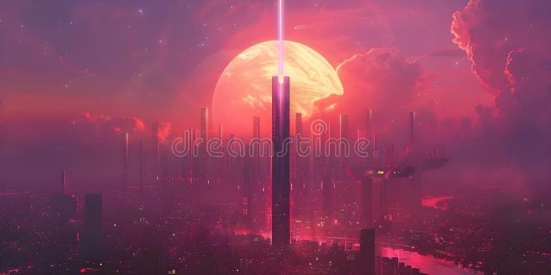 Peisaj urban : clădiri suprareale cu fascicul de energie și peisaj intergalactic al planetei. Concept scifi photo futuristic cityscape energy beams surreale clădiri futuriste oraș-energie turn de energie electrică peisaj clădiri suprreale și peisaj intergalactic al planetei într-un cadru științific